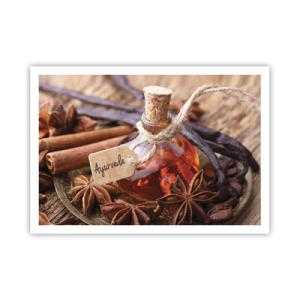 Poster - Una bottiglia di olio speziato su un vassoio - 100x70cm - Verso l'unità del corpo e dell'anima - Decorazione murale moderna per soggiorno e camera da letto ARTTOR