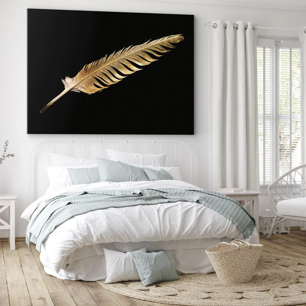 Quadro su tela - Stampe su Tela - Piuma dorata su sfondo nero - 120x80cm - Non una piuma qualsiasi.... - Decorazione murale moderna per soggiorno e camera da letto ARTTOR