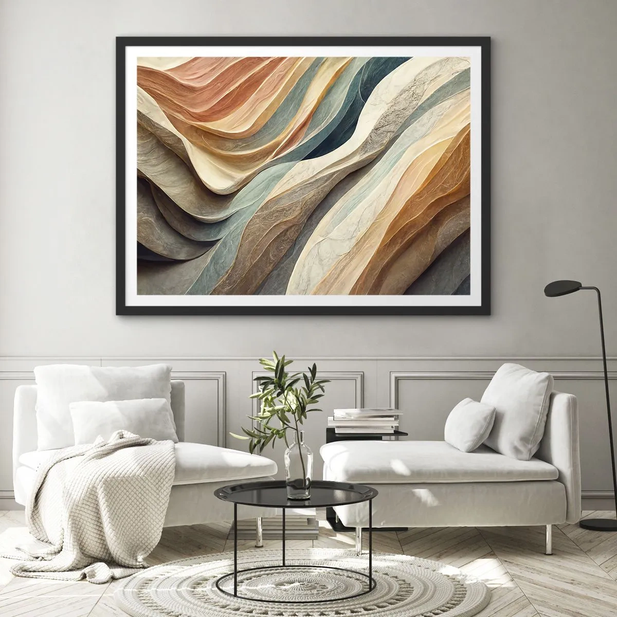 Poster in cornice nera - Onde astratte in tonalità pastello - 70x50cm - L'attimo prima del cambiamento - Decorazione murale moderna per soggiorno e camera da letto ARTTOR