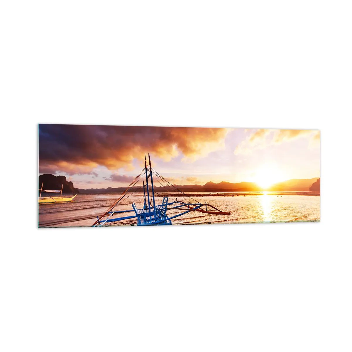 Quadro su vetro - Barca blu sulla spiaggia al tramonto - 160x50cm - Riposo sulla sabbia dopo l'intera giornata - Decorazione murale moderna per soggiorno e camera da letto ARTTOR