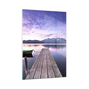 Quadro su vetro - Barca verde su un molo con montagne sullo sfondo all'alba - 50x70cm - Silenzio amichevole - Decorazione murale moderna per soggiorno e camera da letto ARTTOR
