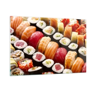 Quadro su vetro - Una composizione di sushi colorata con una varietà di ingredienti - 120x80cm - Colori e sapori dell'Asia - Decorazione murale moderna per soggiorno e camera da letto ARTTOR