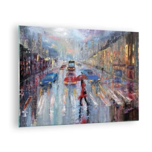 Quadro su vetro - Scena cittadina di notte con pioggia e luci colorate - 70x50cm - Pomeriggio di pioggia in città - Decorazione murale moderna per soggiorno e camera da letto ARTTOR