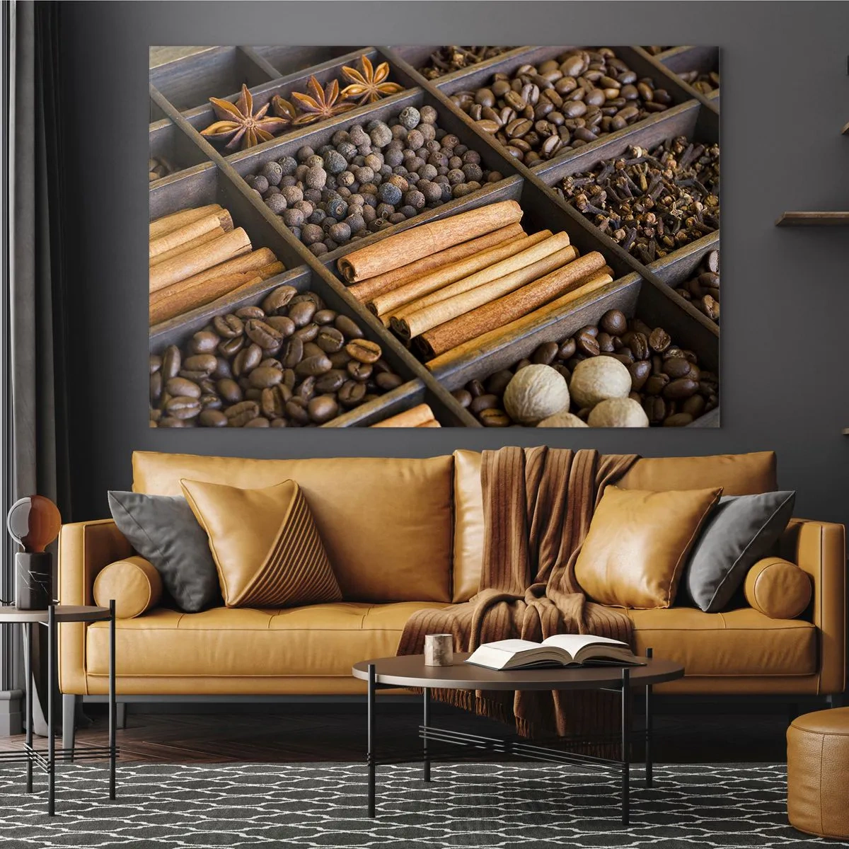 Quadro su vetro - Spezie in scomparti di legno - 120x80cm - Il tesoro degli aromi - Decorazione murale moderna per soggiorno e camera da letto ARTTOR
