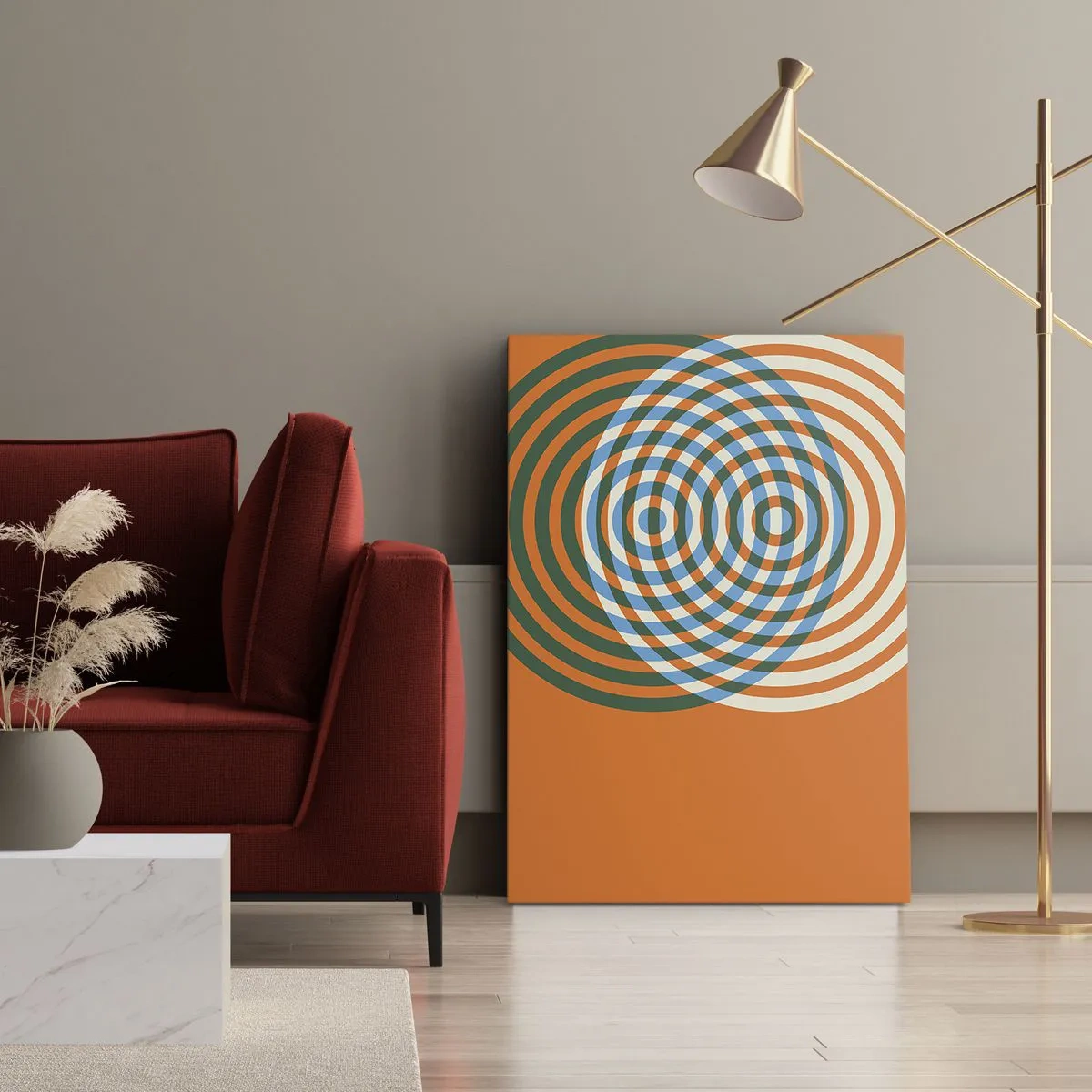 Quadro su tela - Stampe su Tela - Cerchi concentrici su sfondo arancione - 80x120cm - Composizione astratta a cerchi - Decorazione murale moderna per soggiorno e camera da letto ARTTOR