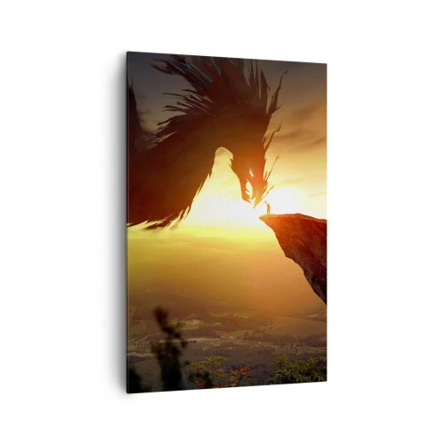 Quadro su tela - Stampe su Tela - Un drago e un uomo su una roccia al chiarore del sole al tramonto - 80x120cm - Il cacciatore di draghi - Decorazione murale moderna per soggiorno e camera da letto ARTTOR