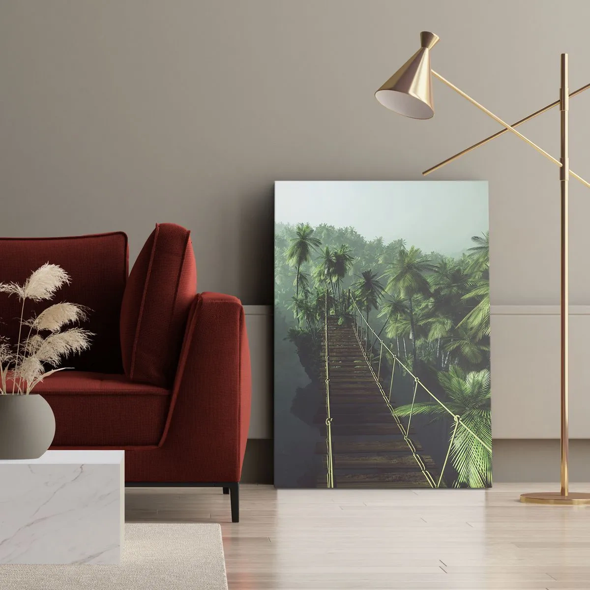 Quadro su tela - Stampe su Tela - Un ponte sospeso in una foresta tropicale circondato dalla nebbia. - 70x100cm - Nel vortice del verde - Decorazione murale moderna per soggiorno e camera da letto ARTTOR