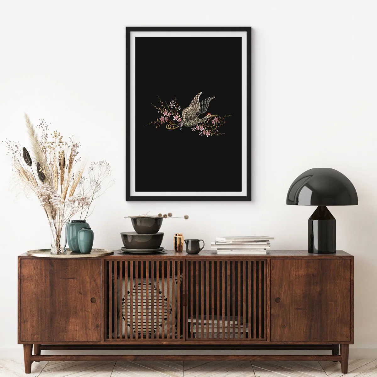Poster in cornice nera - Uccello esotico ricamato - 40x50 cm