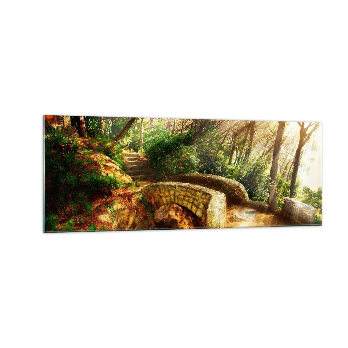 Quadro su vetro - Paesaggio forestale con raggi di sole e un ponte di pietra - 140x50cm - Dal ponte direttamente nel bosco delle fiabe - Decorazione murale moderna per soggiorno e camera da letto ARTTOR