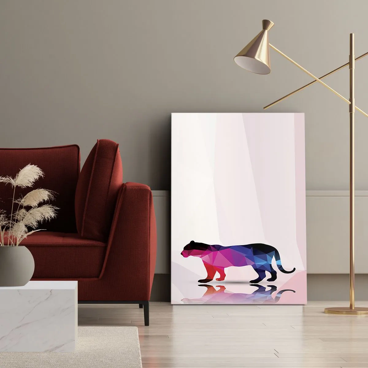 Quadro su tela - Stampe su Tela - Silhouette geometrica di pantera nei toni del rosa e del blu - 80x120cm - La pantera di diamante - Decorazione murale moderna per soggiorno e camera da letto ARTTOR