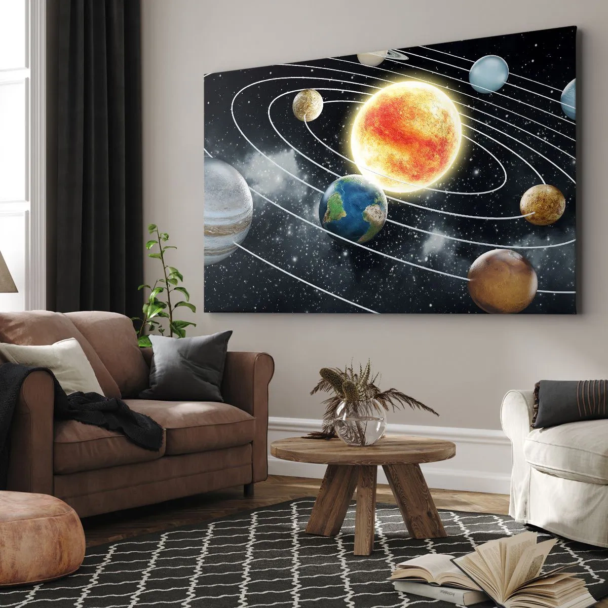 Quadro su tela - Stampe su Tela - Sistema solare con pianeti e sole nello spazio - 100x70cm - Danza cosmica - Decorazione murale moderna per soggiorno e camera da letto ARTTOR