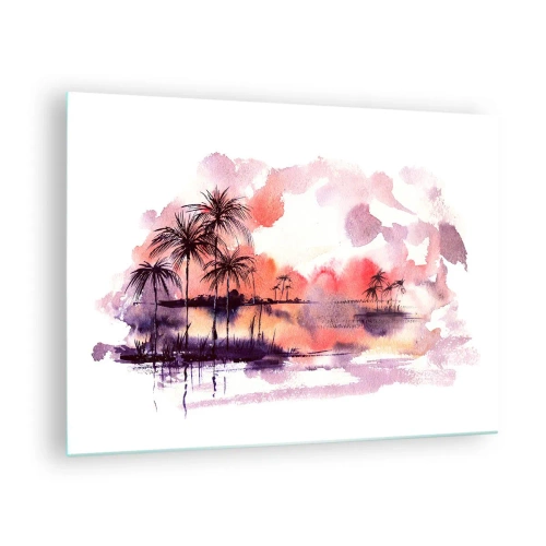 Quadro su vetro - Paesaggio tropicale al tramonto in acquerello - 70x50cm - Pace dei tropici in rosso - Decorazione murale moderna per soggiorno e camera da letto ARTTOR