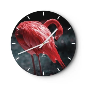 Orologio da parete - Orologio in Vetro - Un fenicottero rosso su uno sfondo scuro in uno scatto elegante - 30x30cm - La poesia cremisi della natura - Decorazione murale moderna per soggiorno, cucina e camera da letto ARTTOR