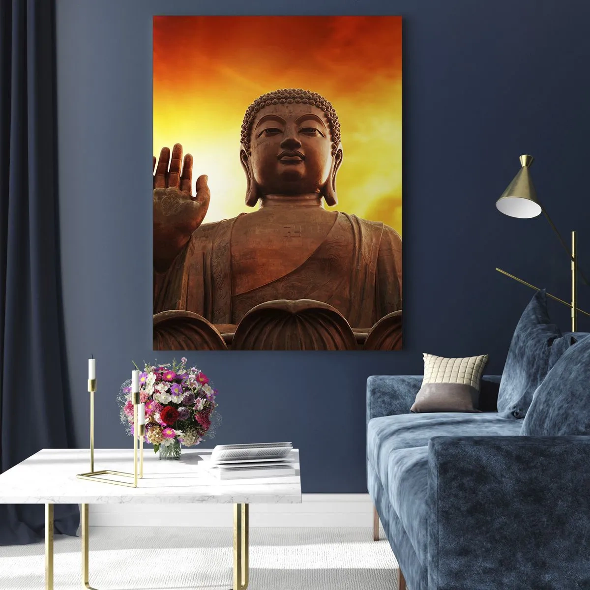 Quadro su vetro - Una statua del Buddha sullo sfondo di un tramonto dorato - 50x70cm - La pace del mondo - Decorazione murale moderna per soggiorno e camera da letto ARTTOR