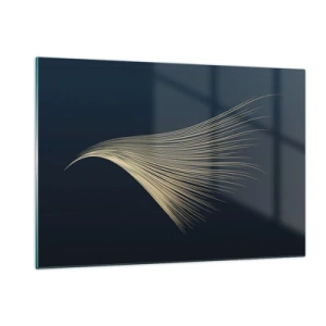 Quadro su vetro - Una linea dorata che ricorda un'ala su uno sfondo blu navy - 120x80cm - Come un capello d'angelo - Decorazione murale moderna per soggiorno e camera da letto ARTTOR