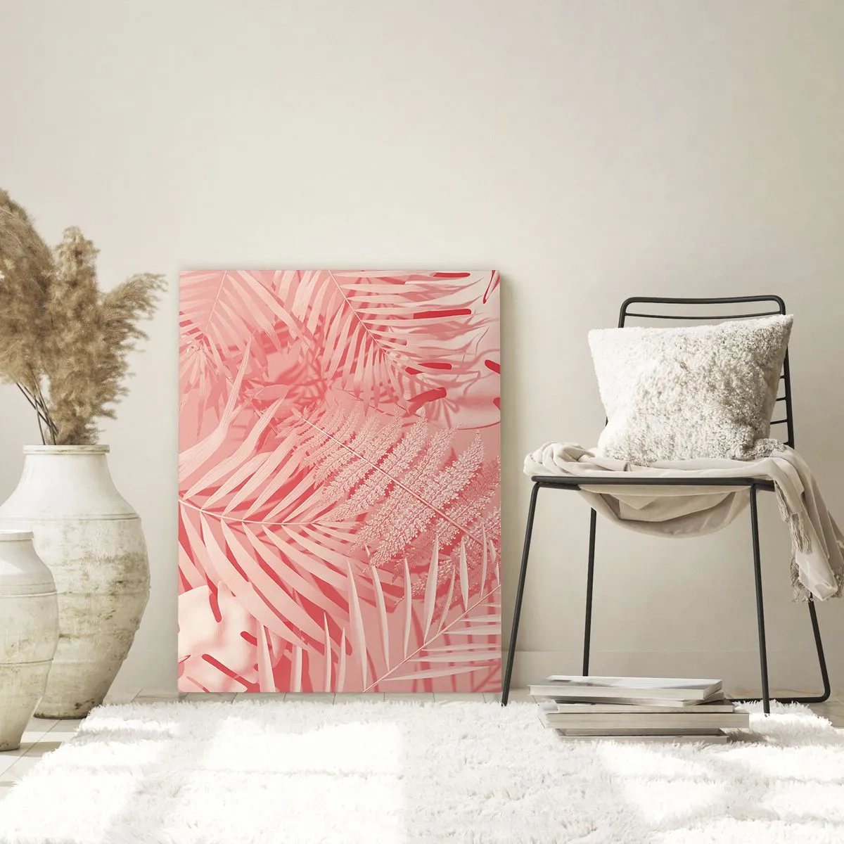 Quadro su vetro - Foglie tropicali rosa in una composizione moderna - 50x70cm - Concetto rosa - Decorazione murale moderna per soggiorno e camera da letto ARTTOR