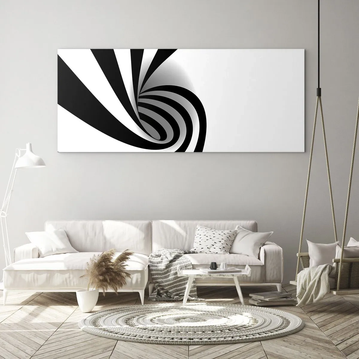 Quadro su vetro - Vortice ottico astratto in bianco e nero - 140x50cm - Eppur si muove - Decorazione murale moderna per soggiorno e camera da letto ARTTOR