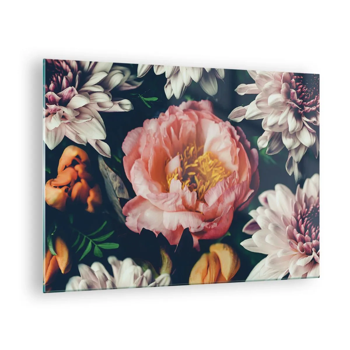 Quadro su vetro - Primo piano di peonie e crisantemi in tonalità pastello - 70x50cm - Con fasto barocco - Decorazione murale moderna per soggiorno e camera da letto ARTTOR