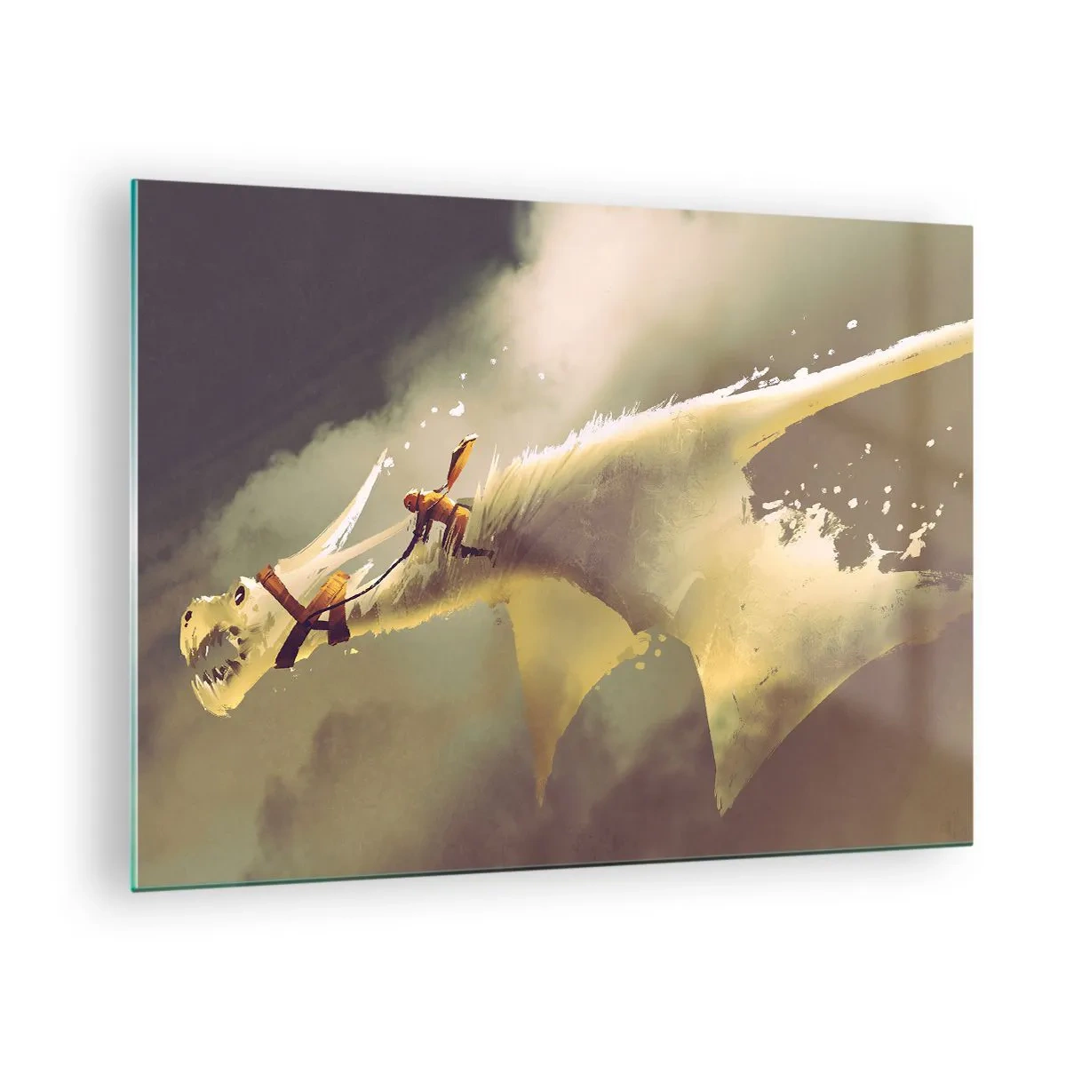 Quadro su vetro - Una figura sul dorso di un drago bianco in un paesaggio nebbioso - 70x50cm - Per salvare il mondo - Decorazione murale moderna per soggiorno e camera da letto ARTTOR