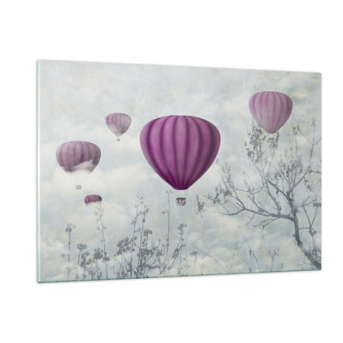 Quadro su vetro - Palloncini viola che fluttuano tra le nuvole e i rami degli alberi - 120x80cm - Come navi nel cielo - Decorazione murale moderna per soggiorno e camera da letto ARTTOR
