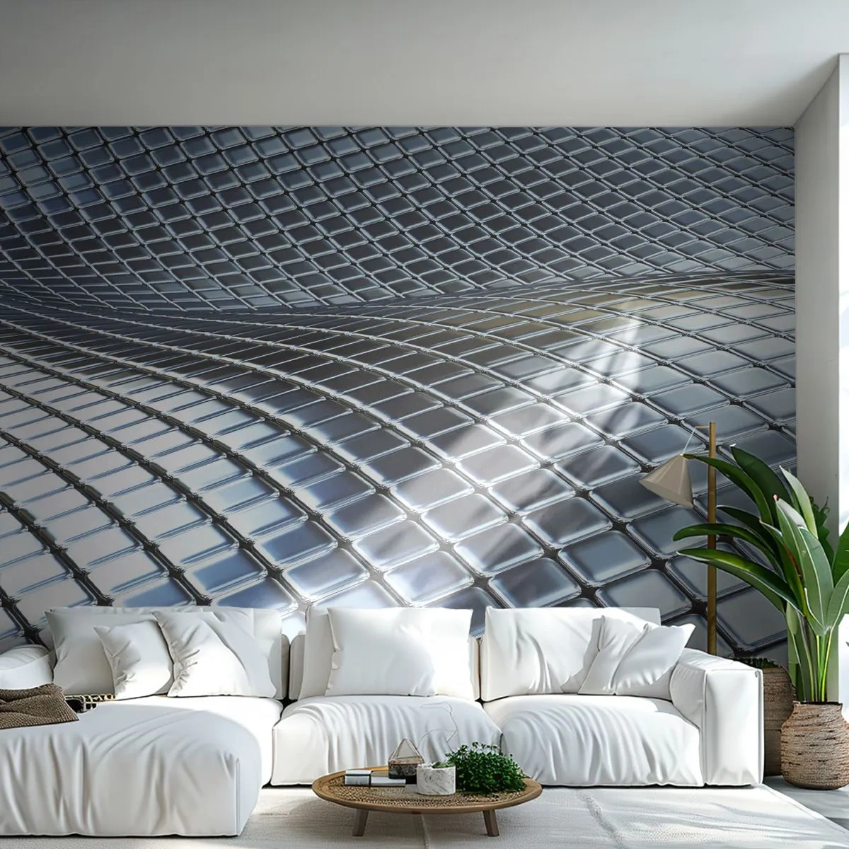 Fotomurali Premium Sand - Struttura futuristica 3D in argento - 100x70cm - Onda metallica argentea - Decorazione murale moderna per soggiorno e camera da letto ARTTOR