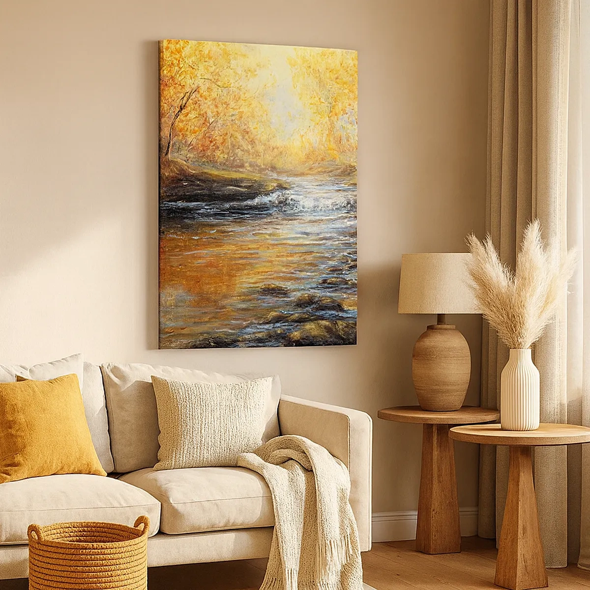 Quadro su tela - Stampe su Tela - Paesaggio autunnale con un fiume tra gli alberi - 50x70cm - Ruscello d'oro - Decorazione murale moderna per soggiorno e camera da letto ARTTOR