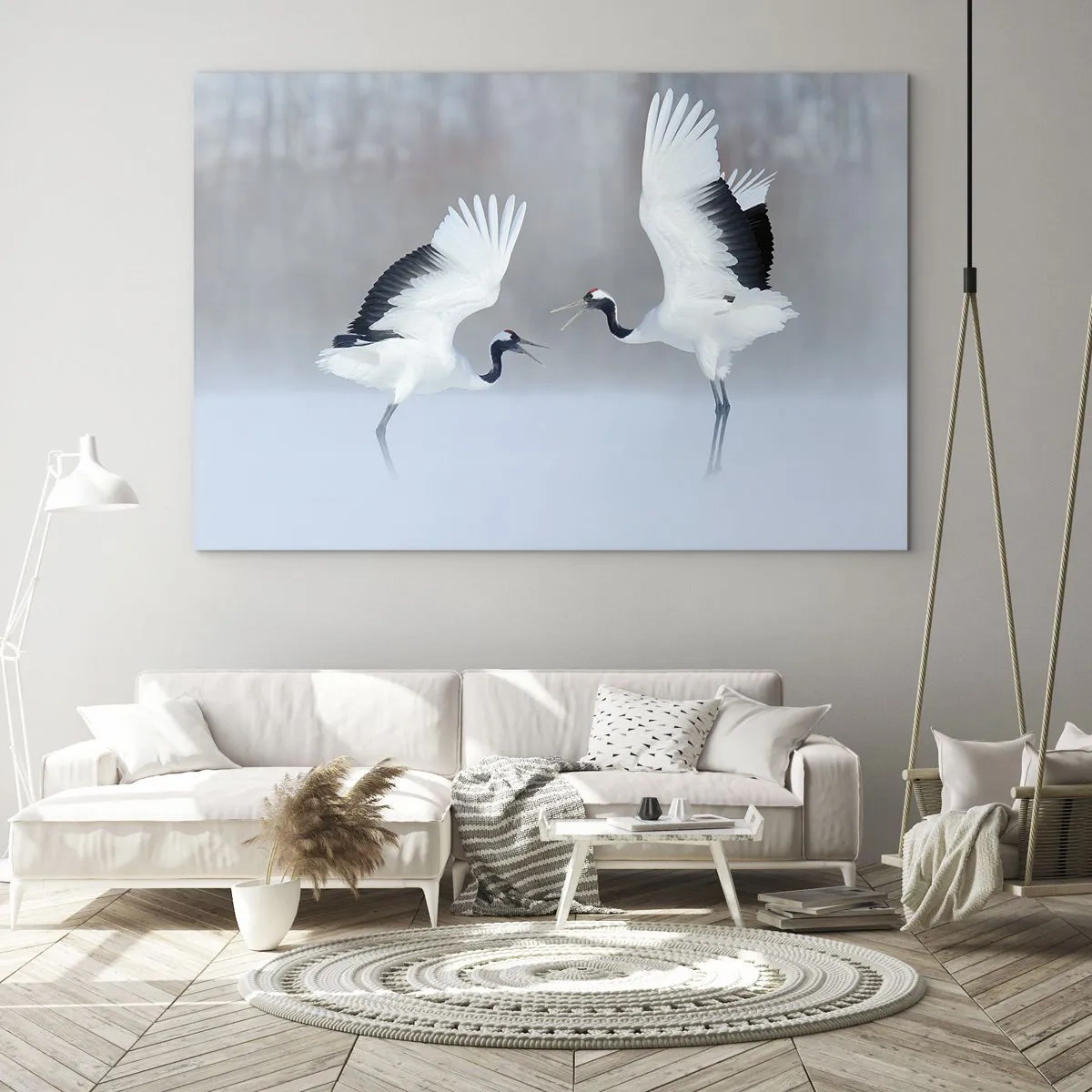 Quadro su vetro - Gru danzanti sullo sfondo di un paesaggio invernale - 100x70cm - Danza nella nebbia - Decorazione murale moderna per soggiorno e camera da letto ARTTOR