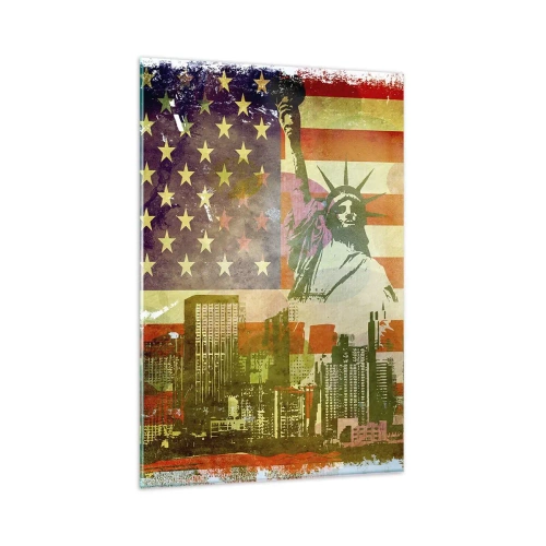 Quadro su vetro - La Statua della Libertà sullo sfondo della bandiera americana e dello skyline della città - 80x120cm - Viva l'America! - Decorazione murale moderna per soggiorno e camera da letto ARTTOR