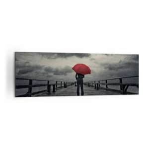 Quadro su tela - Stampe su Tela - Una persona con un ombrello rosso su un molo piovoso - 160x50cm - Non importa che piove - Decorazione murale moderna per soggiorno e camera da letto ARTTOR