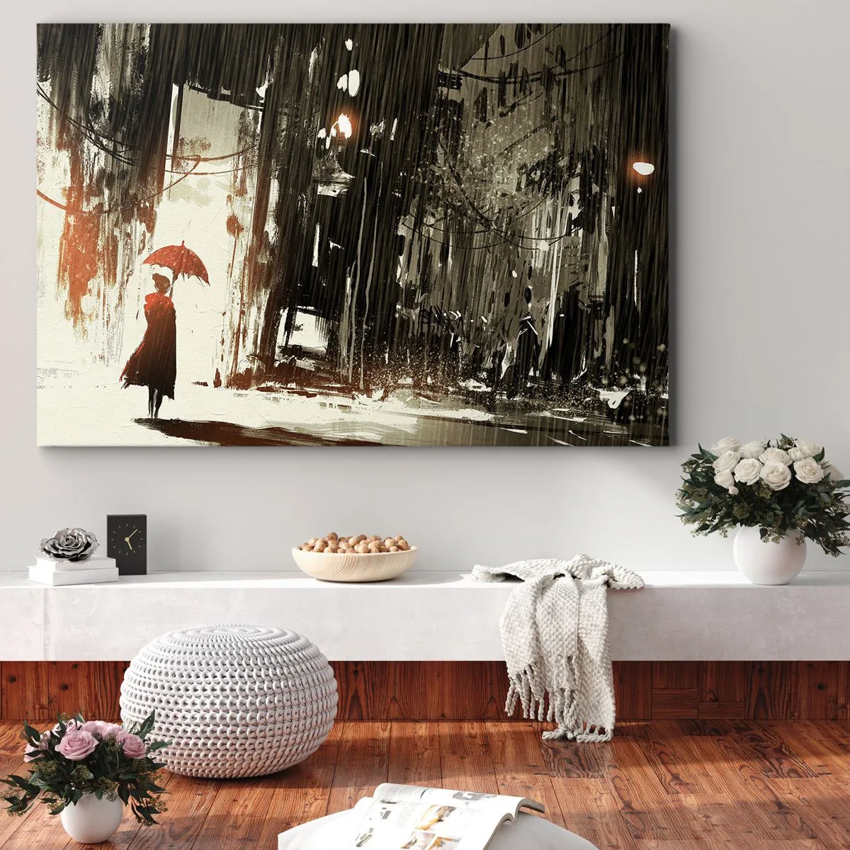 Quadro su tela - Stampe su Tela - Una figura rossa con un ombrello in una scena piovosa - 120x80cm - La poesia dell'ombrello rosso - Decorazione murale moderna per soggiorno e camera da letto ARTTOR