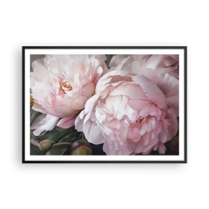 Poster in cornice nera - Delicate peonie rosa in piena fioritura - 100x70cm - L'attimo della fioritura - Decorazione murale moderna per soggiorno e camera da letto ARTTOR