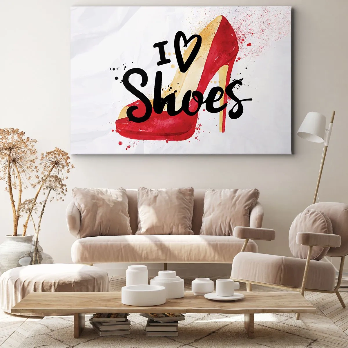 Quadro su tela - Stampe su Tela - Stiletto rosso con la scritta I love Shoes su sfondo bianco - 120x80cm - Gli amori sono tanti - Decorazione murale moderna per soggiorno e camera da letto ARTTOR