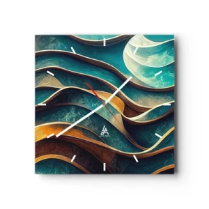 Orologio da parete - Orologio in Vetro - Onde astratte nei toni del turchese e dell'oro - 30x30cm - I meandri del blu - Decorazione murale moderna per soggiorno e camera da letto ARTTOR