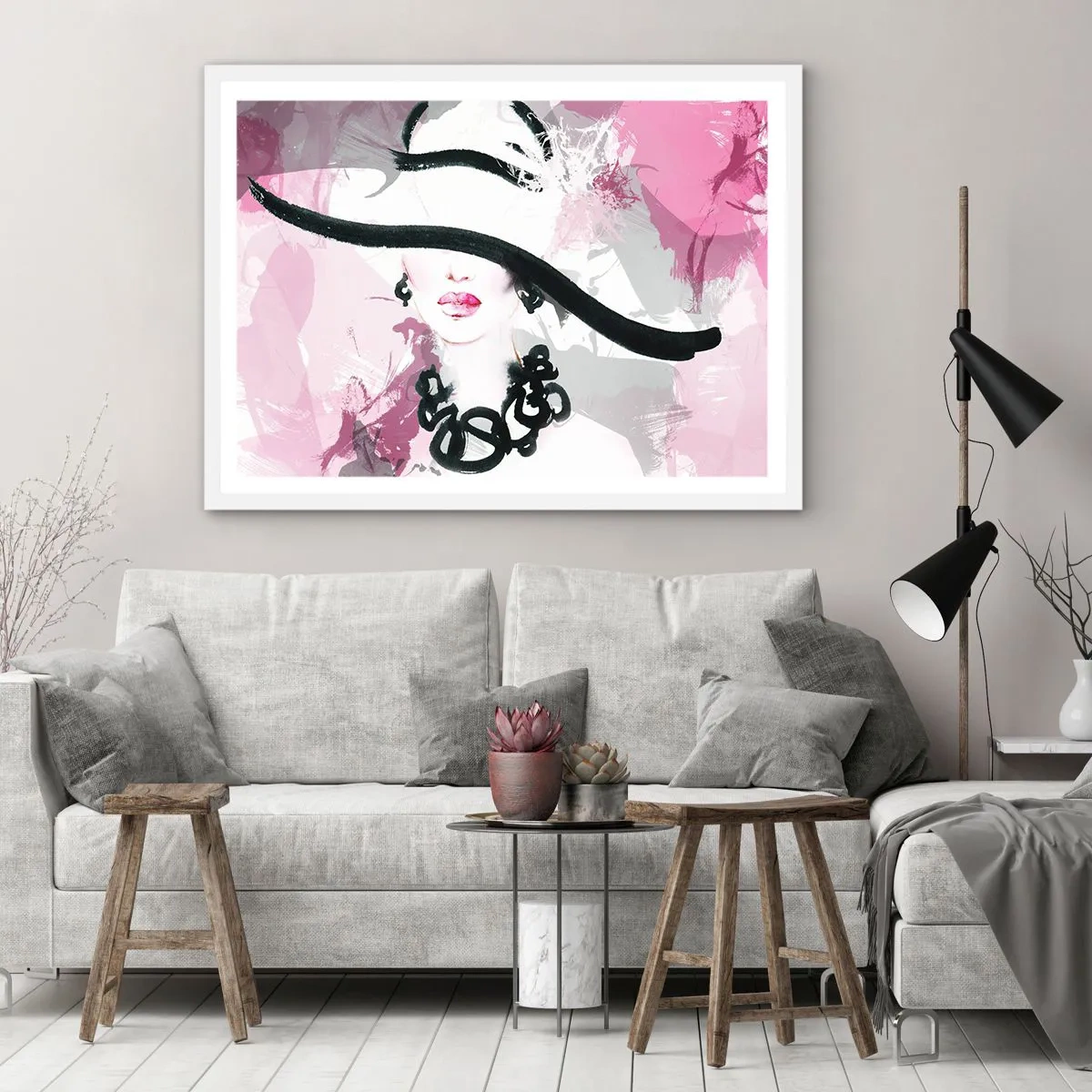 Poster in cornice bianca - Ritratto di donna in nero e rosa - 91x61 cm