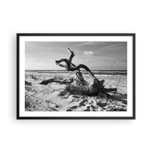 Poster in cornice nera - Paesaggio in bianco e nero con un albero morto sulla spiaggia - 70x50cm - Scolpito dal mare - Decorazione murale moderna per soggiorno e camera da letto ARTTOR