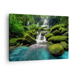 Quadro su tela - Stampe su Tela - Una cascata tropicale circondata dal verde e dall'acqua turchese - 70x50cm - Turchese, zaffiro e argento liquido - Decorazione murale moderna per soggiorno e camera da letto ARTTOR