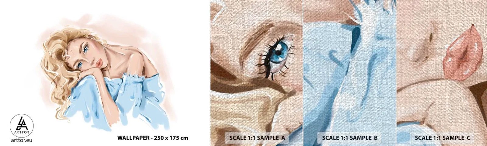 Campione di Fotomurale Premium Canvas - Sognante nel blu - Donna, Moda, Grafica - 100x30 cm