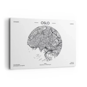Quadro su tela - Stampe su Tela - Una mappa di Oslo in stile minimalista in bianco e nero. - 100x70cm - Anatomia di Oslo - Decorazione murale moderna per soggiorno e camera da letto ARTTOR