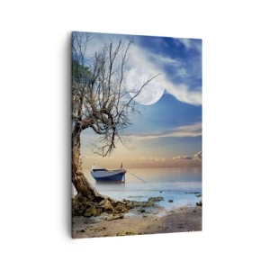 Quadro su tela - Stampe su Tela - Un albero solitario e una barca su acque calme sotto la luna piena. - 50x70cm - È la fine o l'inizio? - Decorazione murale moderna per soggiorno e camera da letto ARTTOR