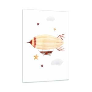 Quadro su vetro - Un dirigibile dei cartoni animati tra le stelle su uno sfondo bianco - 50x70cm - Nave volante - Decorazione murale moderna per soggiorno e camera da letto ARTTOR