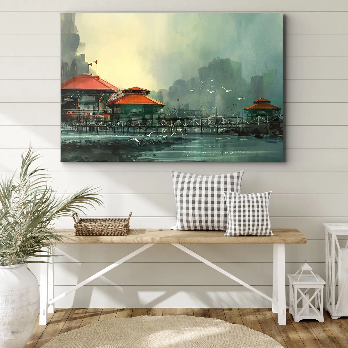 Quadro su tela - Stampe su Tela - Edifici portuali in uno scenario piovoso con gabbiani - 70x50cm - Giornata di pioggia al porto - Decorazione murale moderna per soggiorno e camera da letto ARTTOR