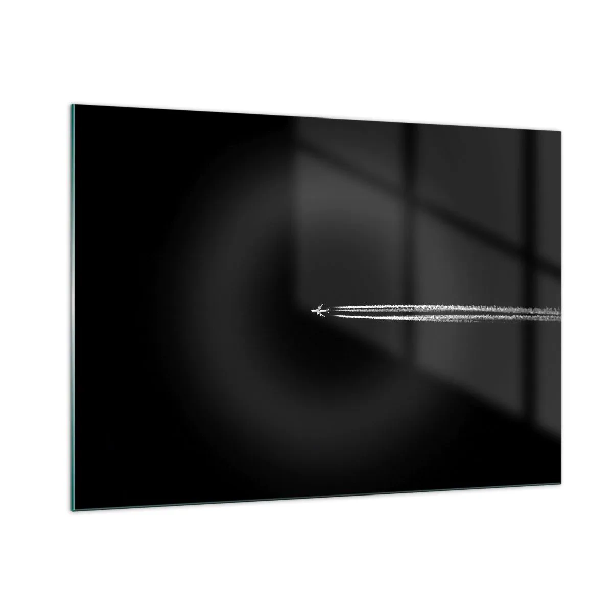 Quadro su vetro - Un aereo a reazione su uno sfondo nero con una scia di condensazione - 100x70cm - In un'altra dimensione - Decorazione murale moderna per soggiorno e camera da letto ARTTOR