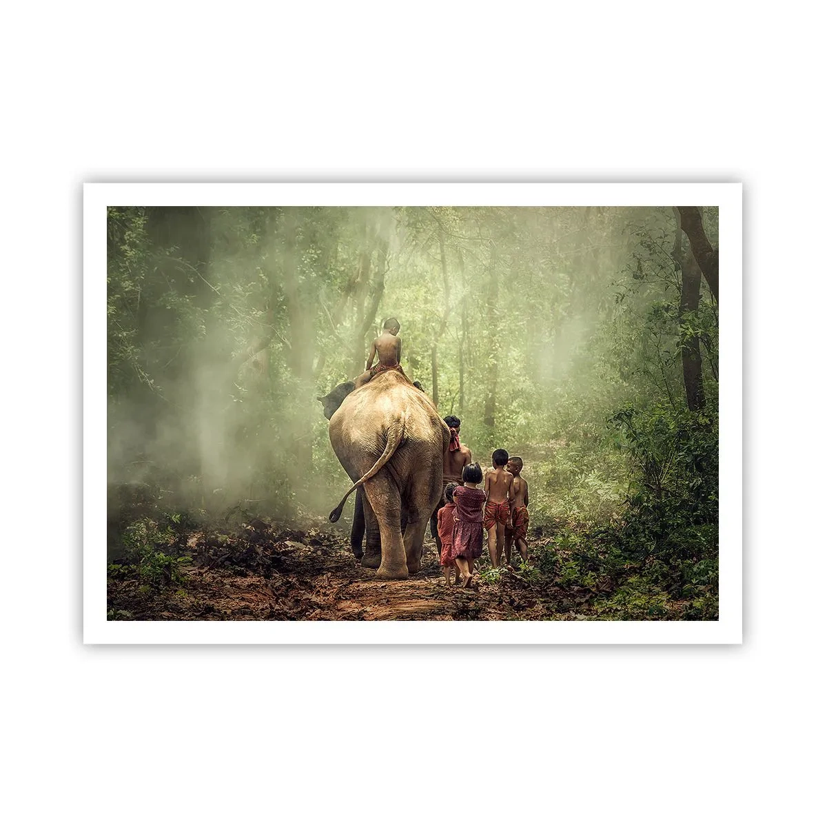 Poster - Bambini con un elefante in una foresta verde alla luce del mattino - 100x70cm - Il nuovo Libro della Giungla - Decorazione murale moderna per soggiorno e camera da letto ARTTOR