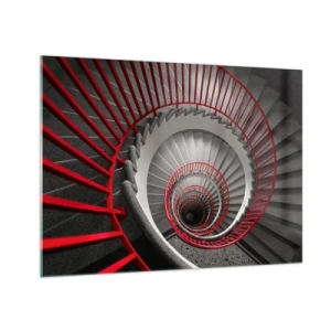 Quadro su vetro - Scala a chiocciola con corrimano rossi in prospettiva - 70x50cm - I giochi dell'architettura - Decorazione murale moderna per soggiorno e camera da letto ARTTOR