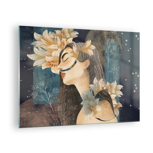 Quadro su vetro - Una figura femminile con gigli in stile fiabesco - 70x50cm - La favola della principessa con i gigli - Decorazione murale moderna per soggiorno e camera da letto ARTTOR