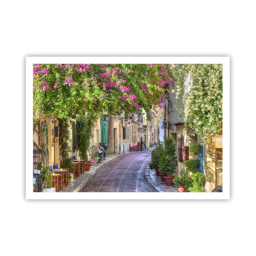 Poster - Una strada affascinante con viti in fiore e tavolini da caffè - 100x70cm - Angolo fiorito - Decorazione murale moderna per soggiorno e camera da letto ARTTOR