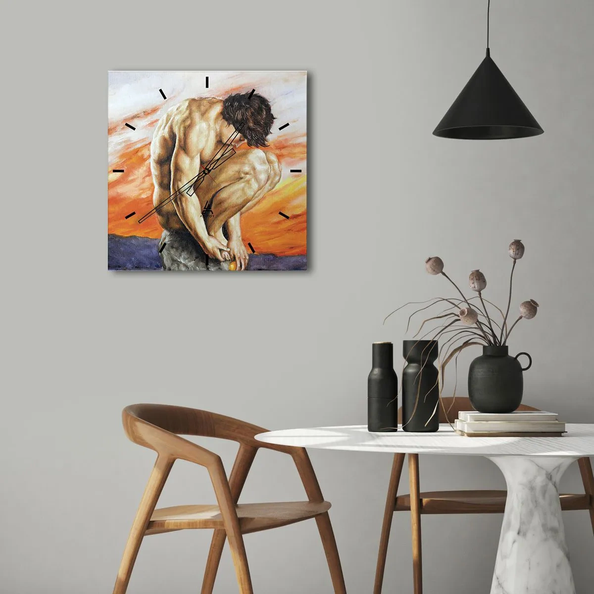 Orologio da parete - Orologio in Vetro - Un uomo perso nei suoi pensieri sullo sfondo di un tramonto - 30x30cm - Immerso in se stesso - Decorazione murale moderna per soggiorno e camera da letto ARTTOR