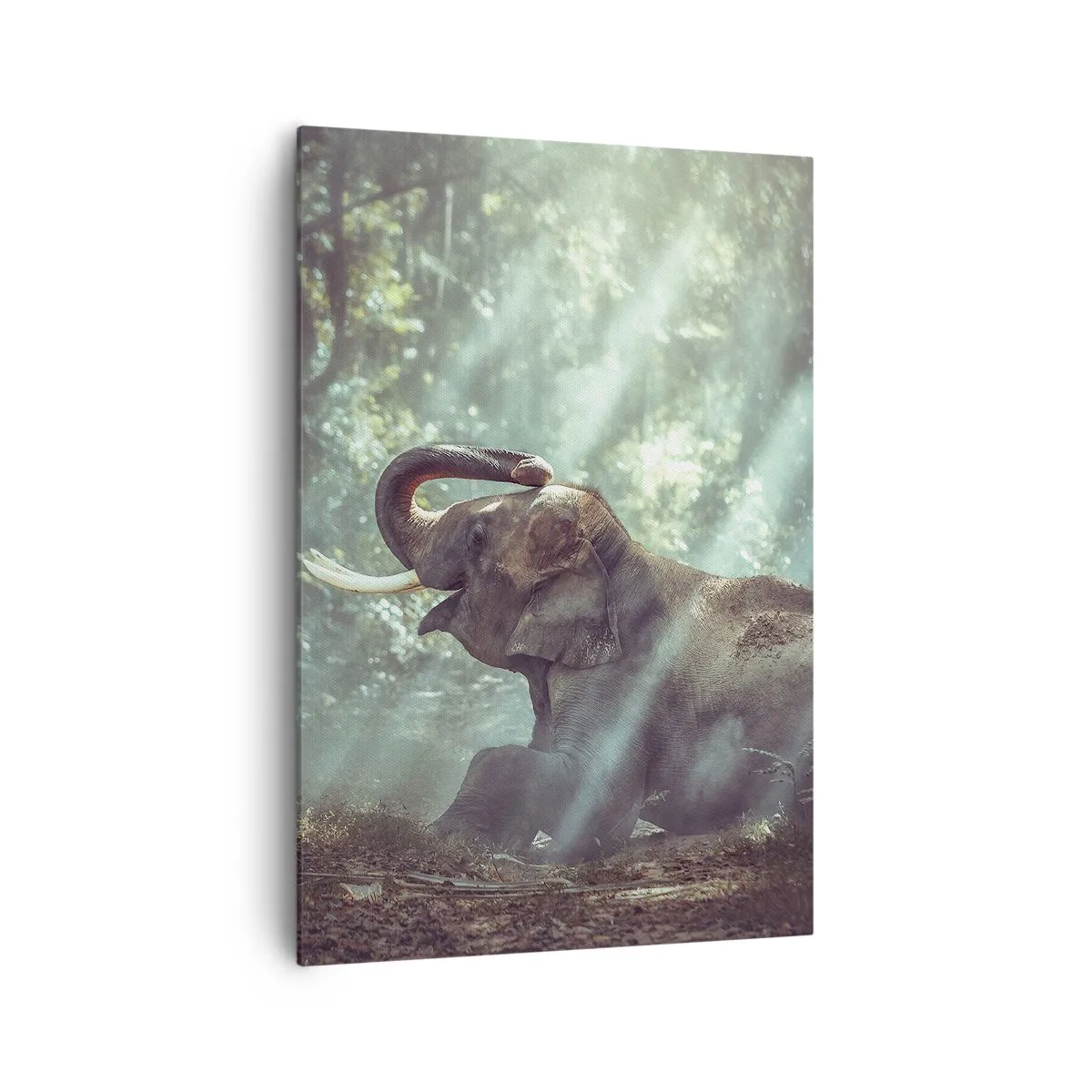 Quadro su tela - Stampe su Tela - Un ragazzo e un elefante in una foresta illuminata dalla luce del sole - 70x100cm - Ascoltalo… - Decorazione murale moderna per soggiorno e camera da letto ARTTOR