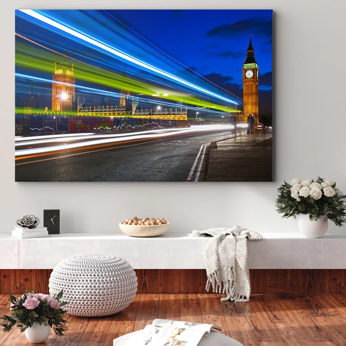 Quadro su tela - Stampe su Tela - Big Ben di notte con l'effetto delle luci nel traffico stradale - 120x80cm - Sotto lo sguardo del Big Ben - Decorazione murale moderna per soggiorno e camera da letto ARTTOR