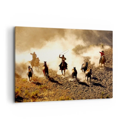Quadro su tela - Stampe su Tela - Cowboy a cavallo in azione nel terreno desertico - 120x80cm - Il vero Far West - Decorazione murale moderna per soggiorno e camera da letto ARTTOR